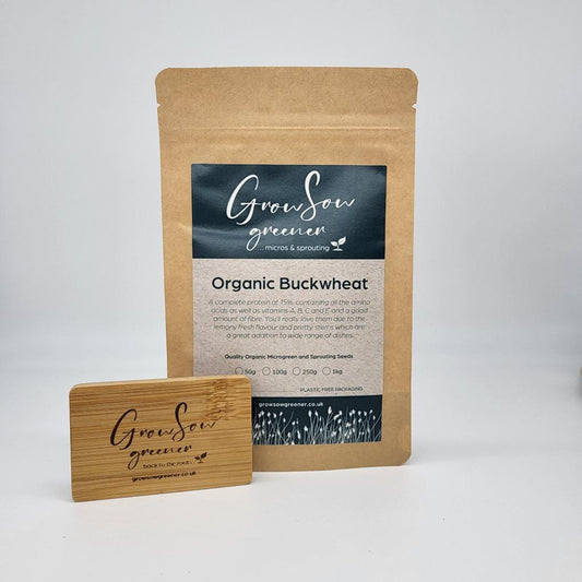 organic buckwheat microgreen and sprouting seeds in a packet