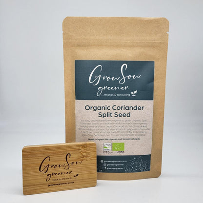 organic coriander split seeds in a compostable pouch