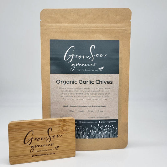 organic garlic chive seeds in a compostable pouch