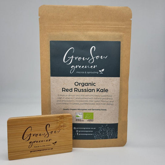 organic red russian kale microgreen and sprouting seeds in a compostable pouch