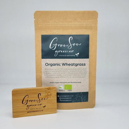 organic wheatgrass microgreen and sprouting seeds in a packet