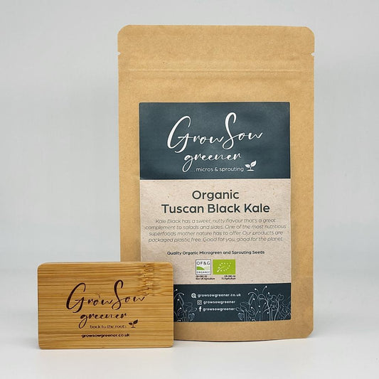 organic black kale microgreen and sprouting seeds in a compostable pouch