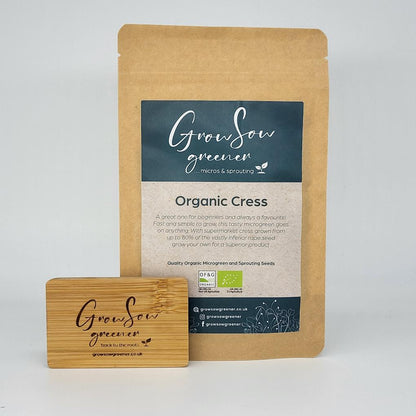 organic cress seeds in a compostable pouch