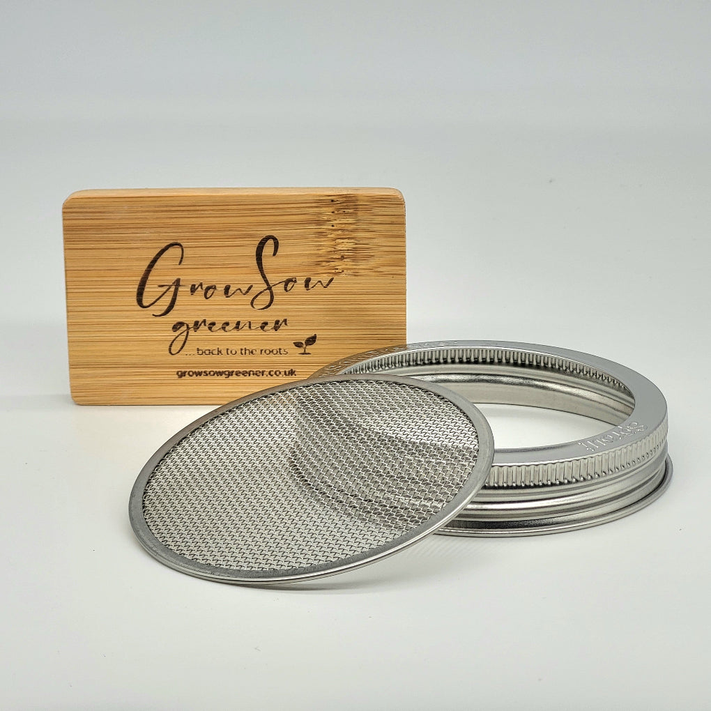 lid for sprouting seeds in a jar with a fine stainless steel mesh