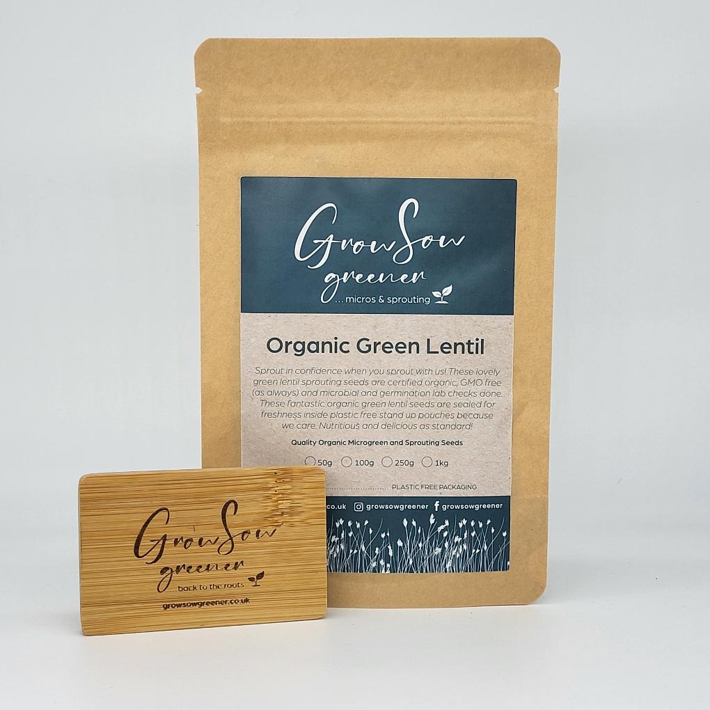 organic green lentil microgreen and sprouting seeds in a packet