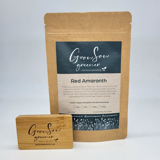 a compostable pouch with red amaranth microgreen seeds