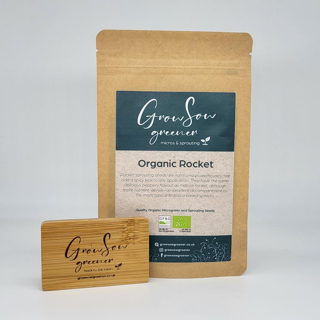 organic rocket microgreen and sprouting seeds in a pack